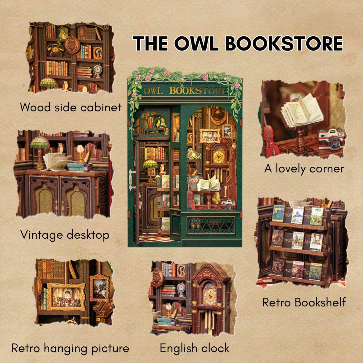 Owl Bookstore Book Nook: 3D DIY Wooden Puzzle Miniature