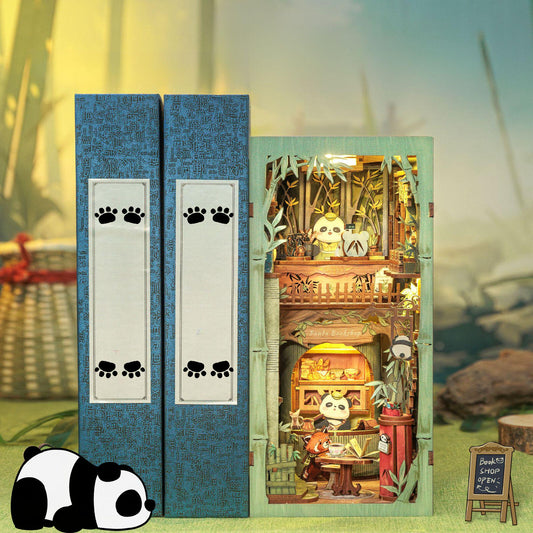 Cute Panda bookshop Book nook |Panda Bookshelf decoration | 3D DIY Wooden Puzzle Miniature| Christmas gift | Book end for animal lovers