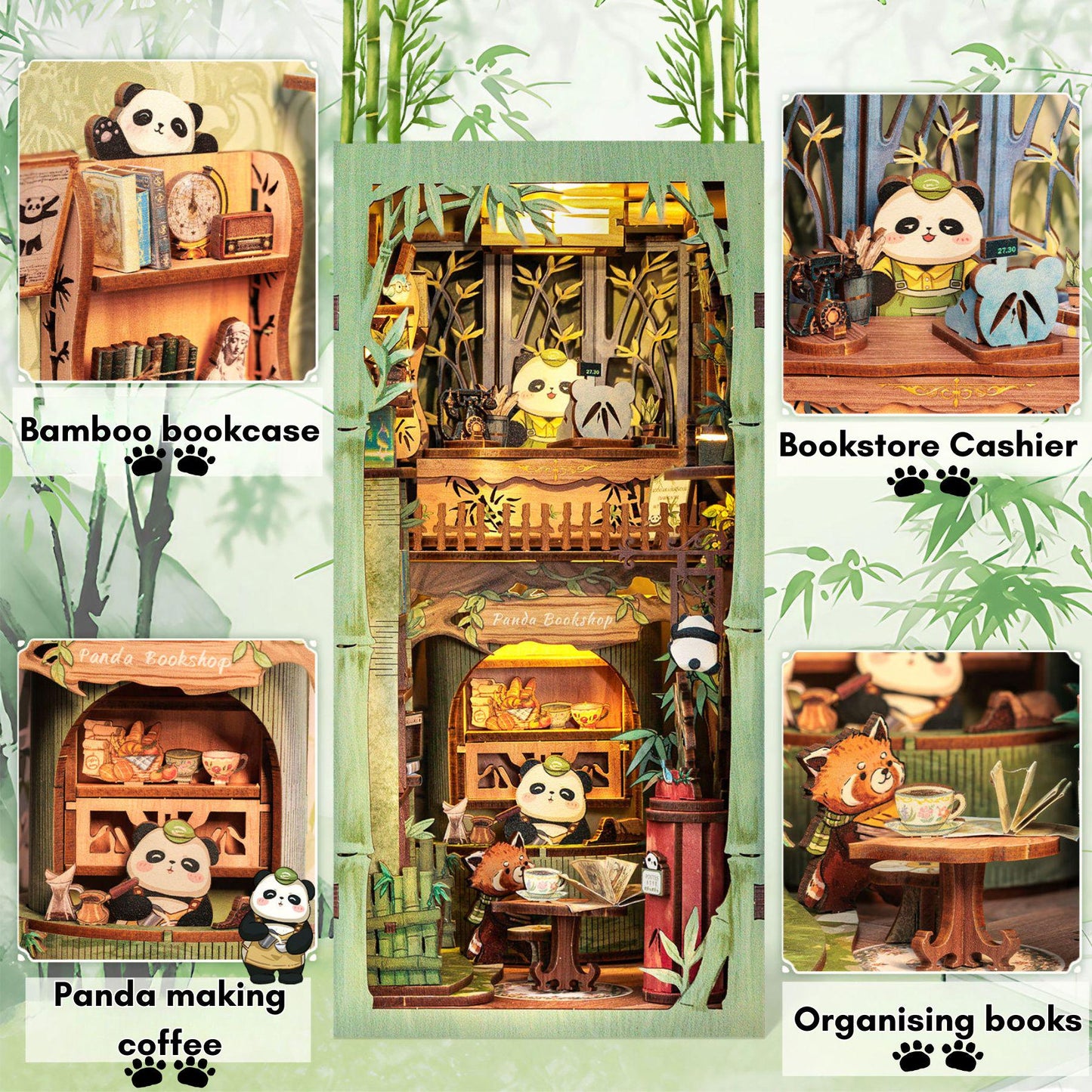 Panda Book Nook: 3D DIY Wooden Puzzle Miniature Bookshelf Insert