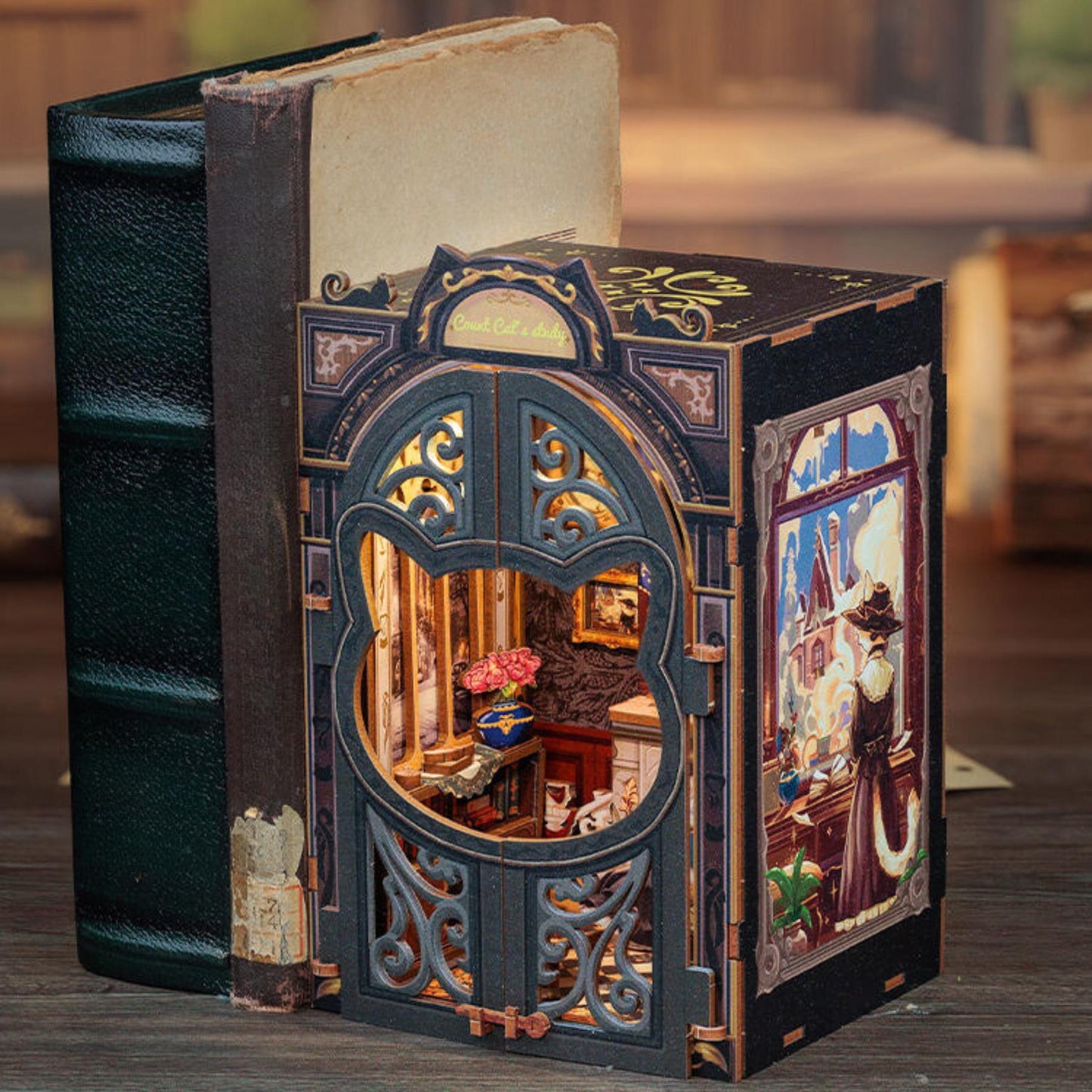Cat Book Nook: 3D DIY Wooden Puzzle Miniature Bookshelf Insert