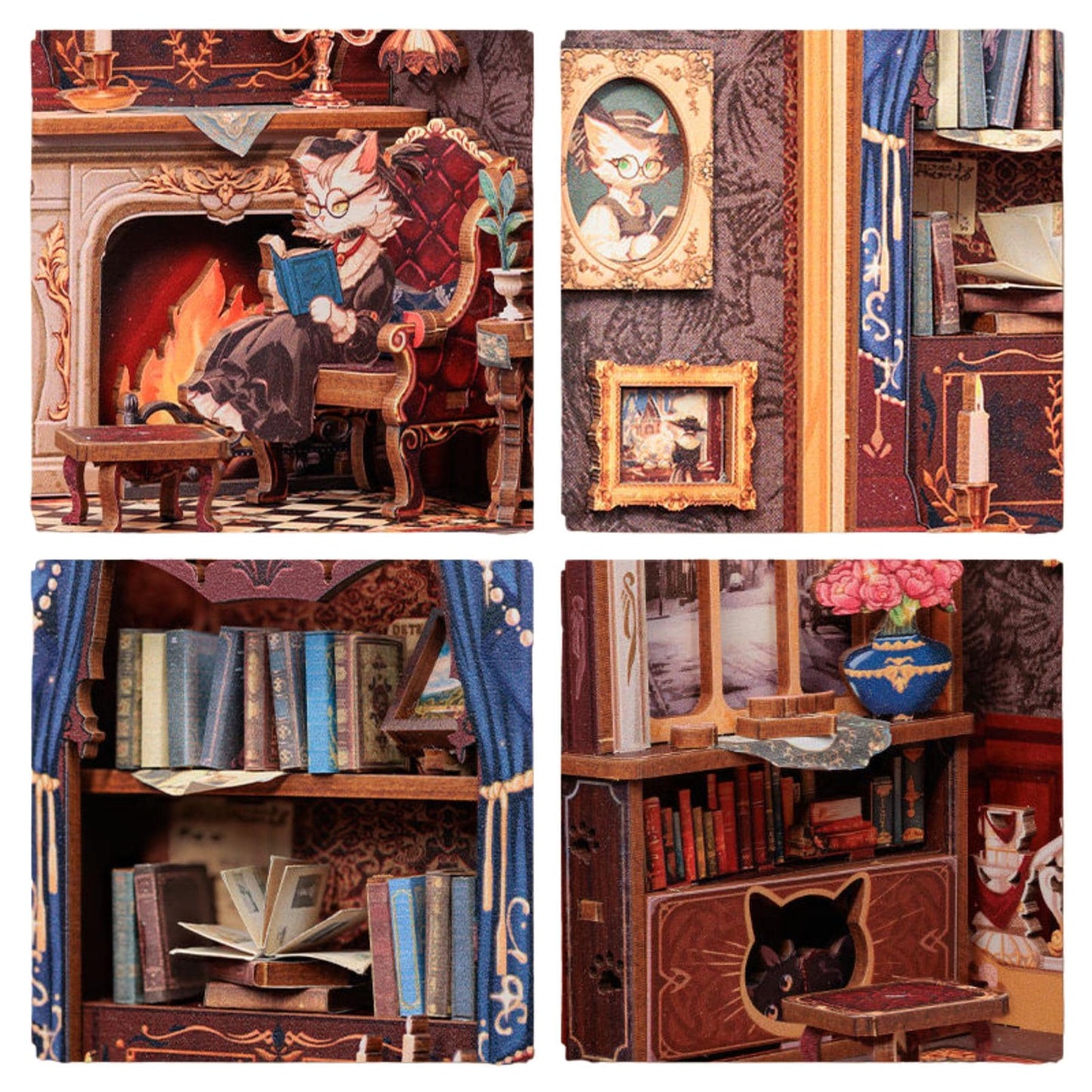 Cat Book Nook: 3D DIY Wooden Puzzle Miniature Bookshelf Insert