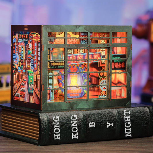 Hong kong by night mini Book nook | Neon Night Bookshelf decoration | Book ends | 3D DIY Wooden Puzzle Miniature| Perfect gift for christmas