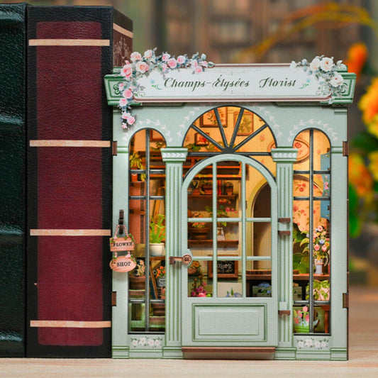 The Parisian Florist Book Nook | Champs Elysées Flower Shop | Bookshelf Decoration | Book Ends | 3D DIY Wooden Puzzle Miniature | Book Lover