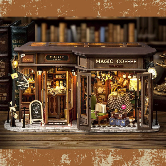 The Vintage Coffee Shop Book nook | Magic Coffee Shop Bookshelf decoration | 3D DIY Wooden Puzzle Miniature| Perfect book ends gift.