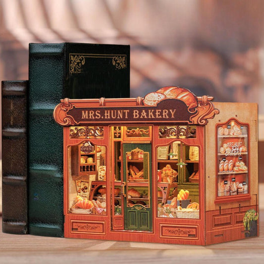 The Boulangerie shop Book nook | MRS Hunt Bakery Bookshelf decoration | 3D DIY Wooden Puzzle Miniature| Perfect book ends gift.