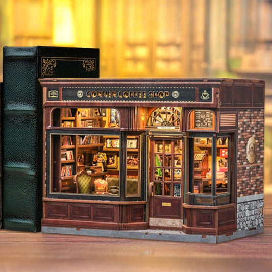 The Coffee Shop Book nook | Corner Coffee Shop Bookshelf decoration | 3D DIY Wooden Puzzle Miniature| Perfect book ends gift.