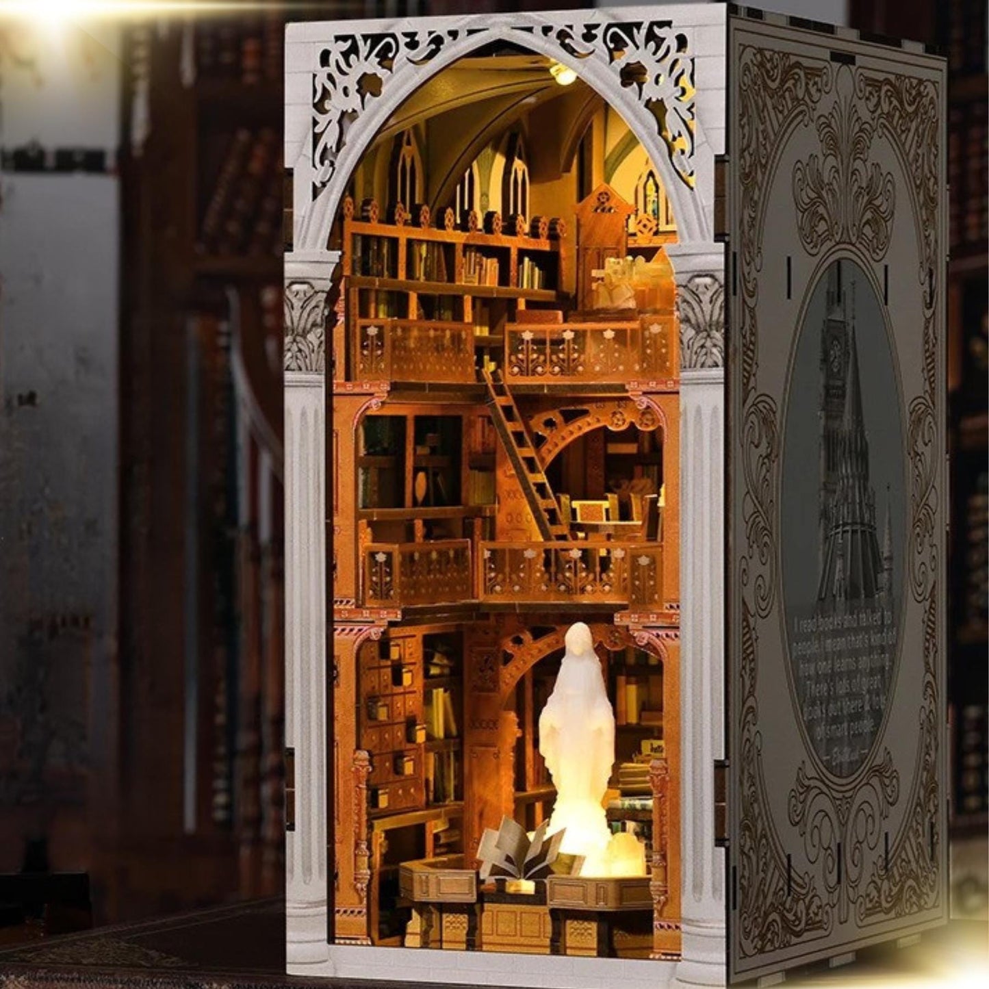 DIY Library Book Nook Kit: 3D Wooden Puzzle Bookend with LED