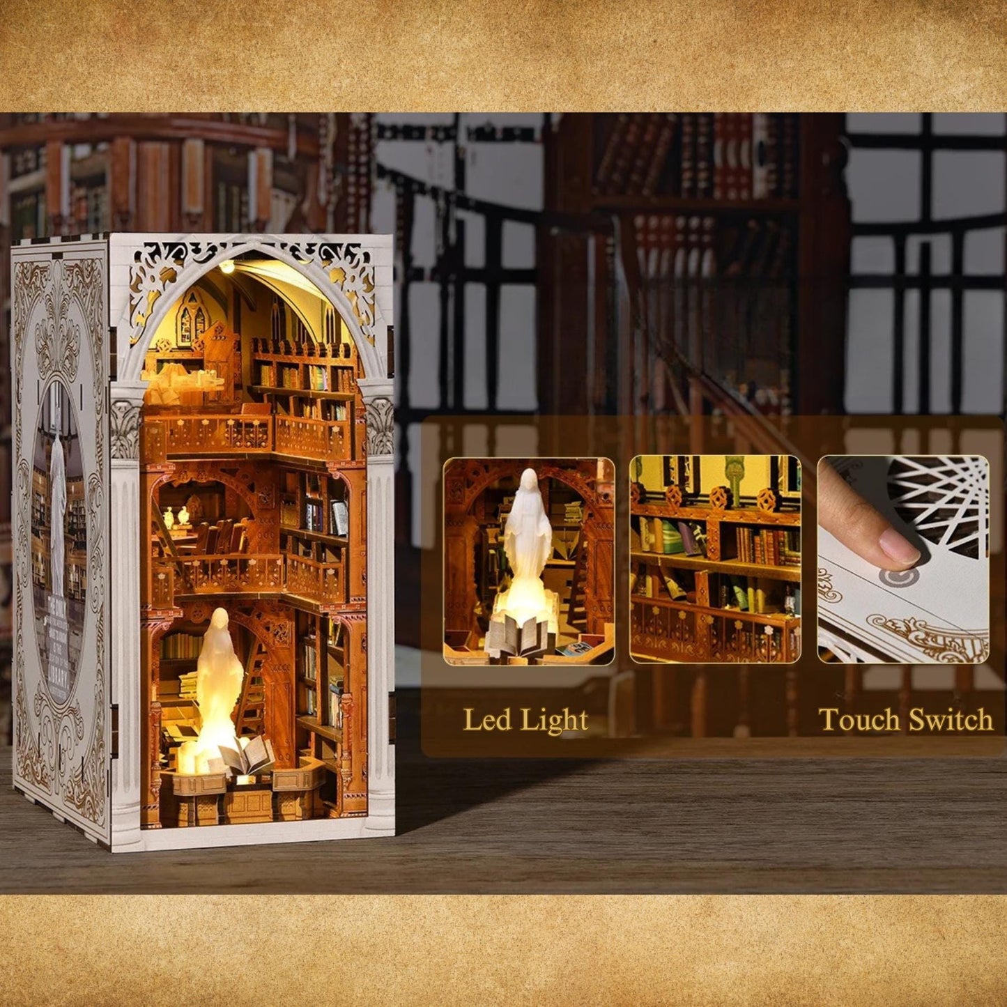 DIY Library Book Nook Kit: 3D Wooden Puzzle Bookend with LED