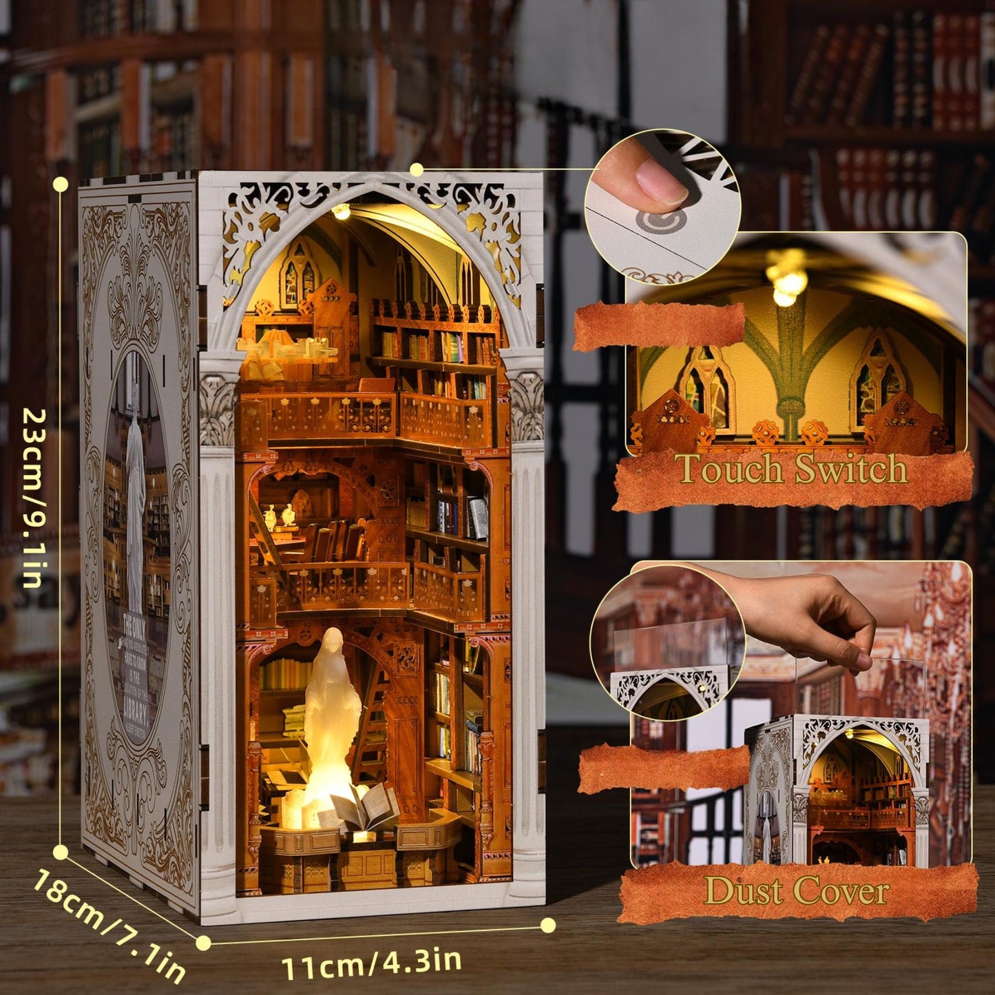 DIY Library Book Nook Kit: 3D Wooden Puzzle Bookend with LED