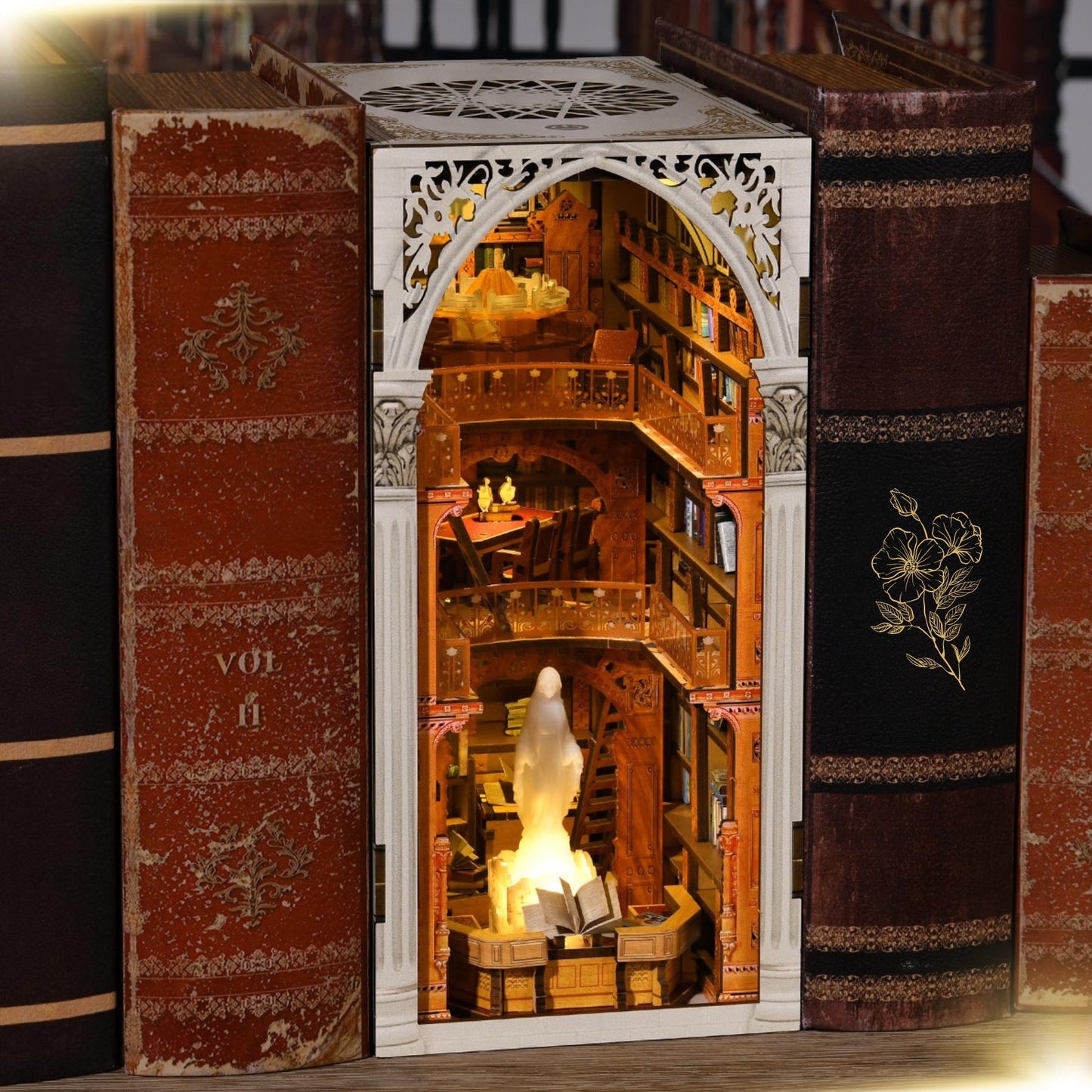 DIY Library Book Nook Kit: 3D Wooden Puzzle Bookend with LED