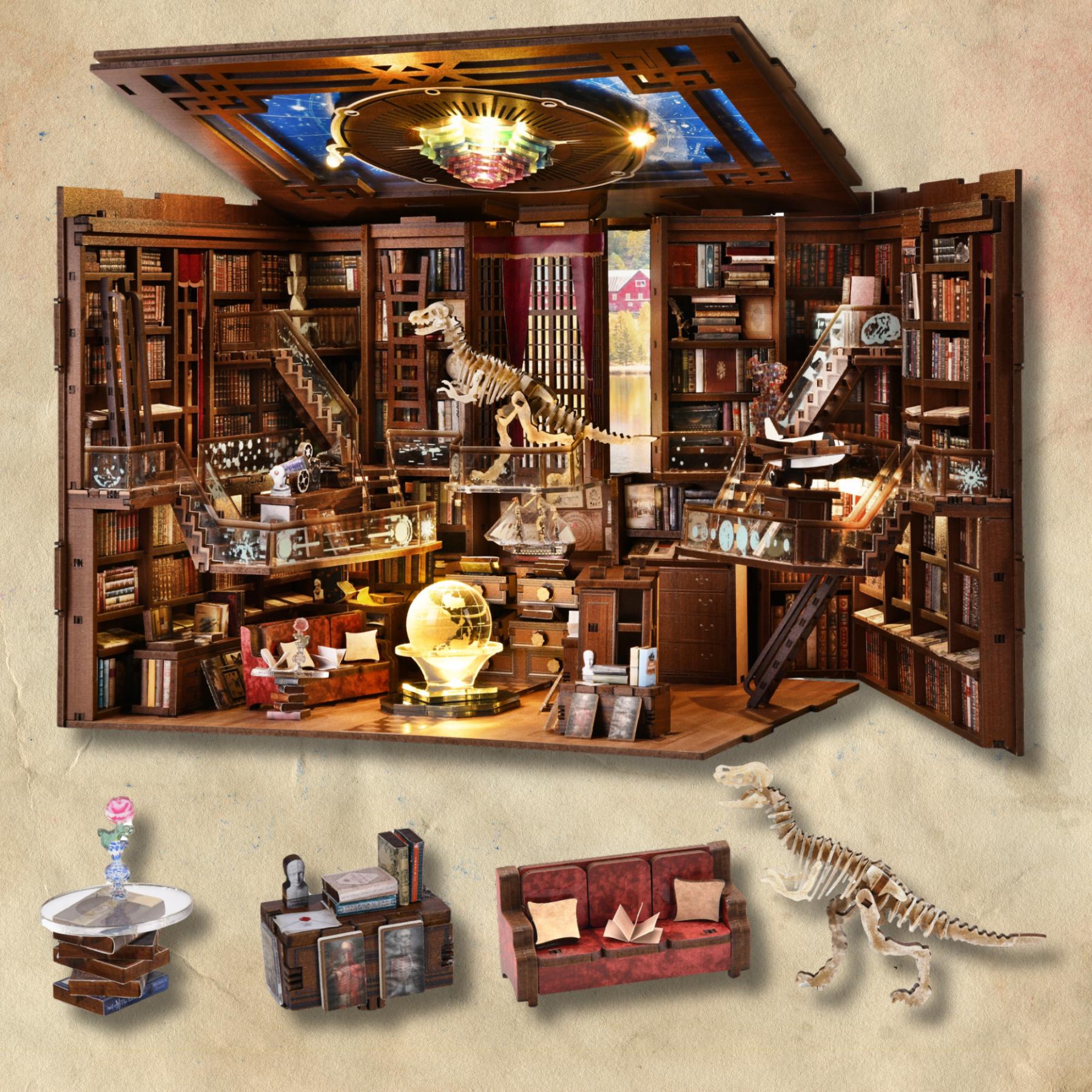 DIY Miniature Library Book Nook: 3D Wooden Puzzle Bookend Gift