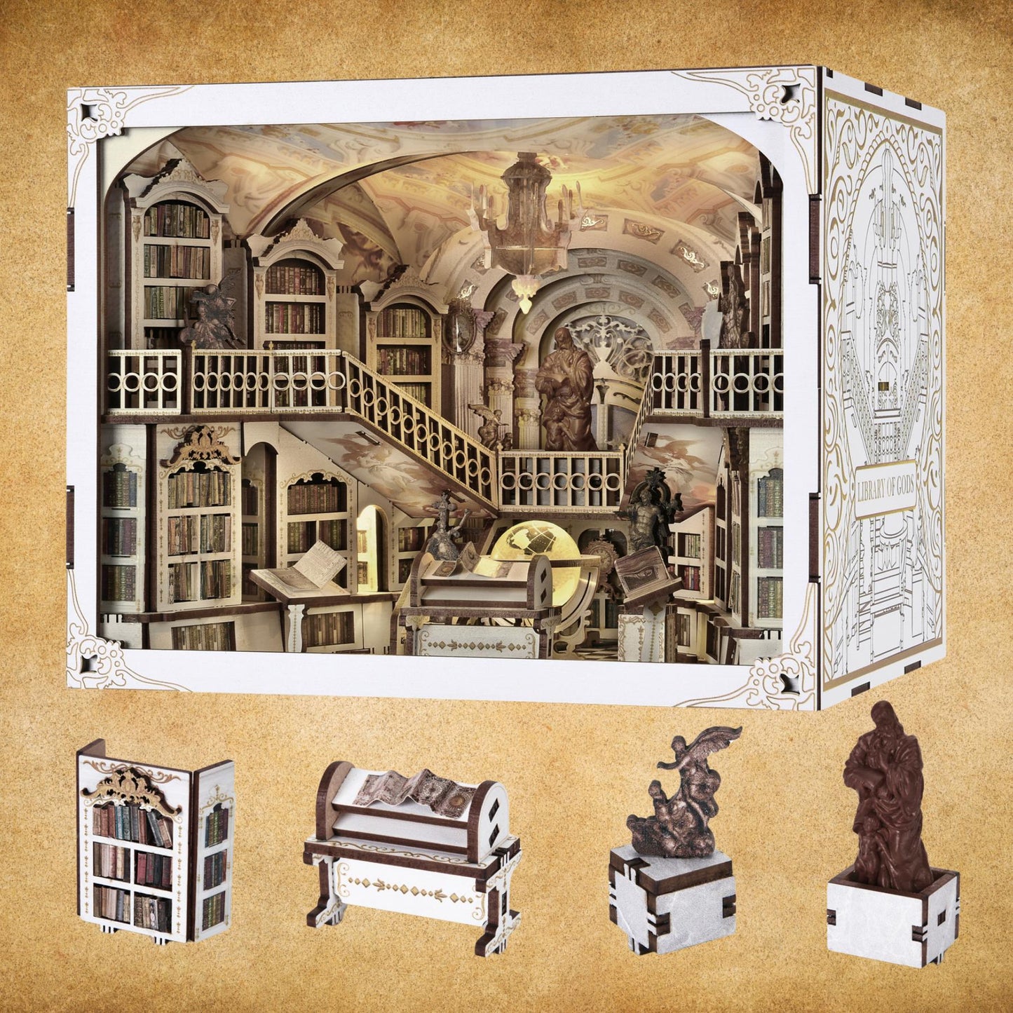 Divine Realm Library Book Nook: 3D Wooden Puzzle Bookshelf Insert