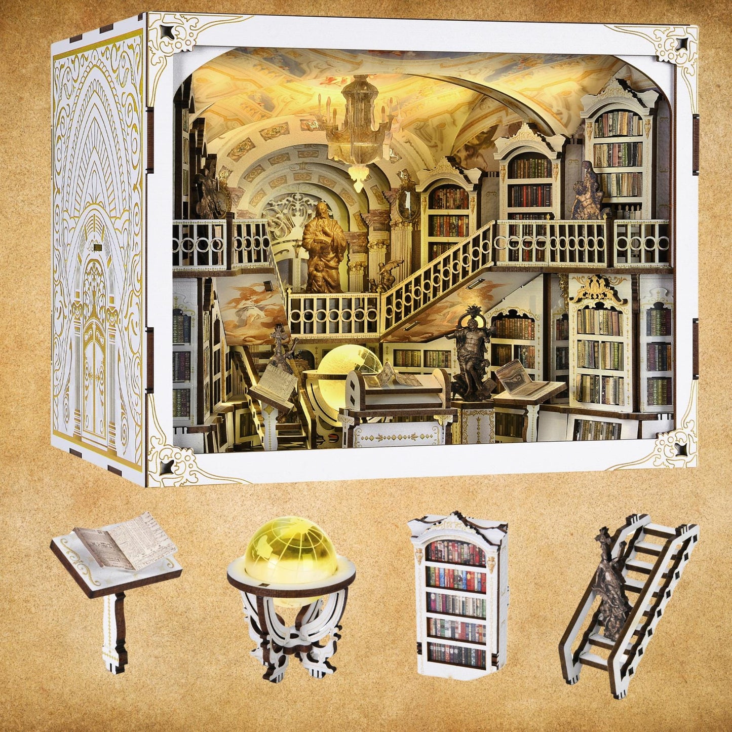 Divine Realm Library Book Nook: 3D Wooden Puzzle Bookshelf Insert