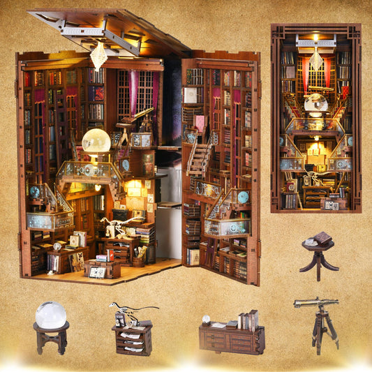 Crystal-Powered Library Book Nook: 3D Wooden Puzzle Bookend