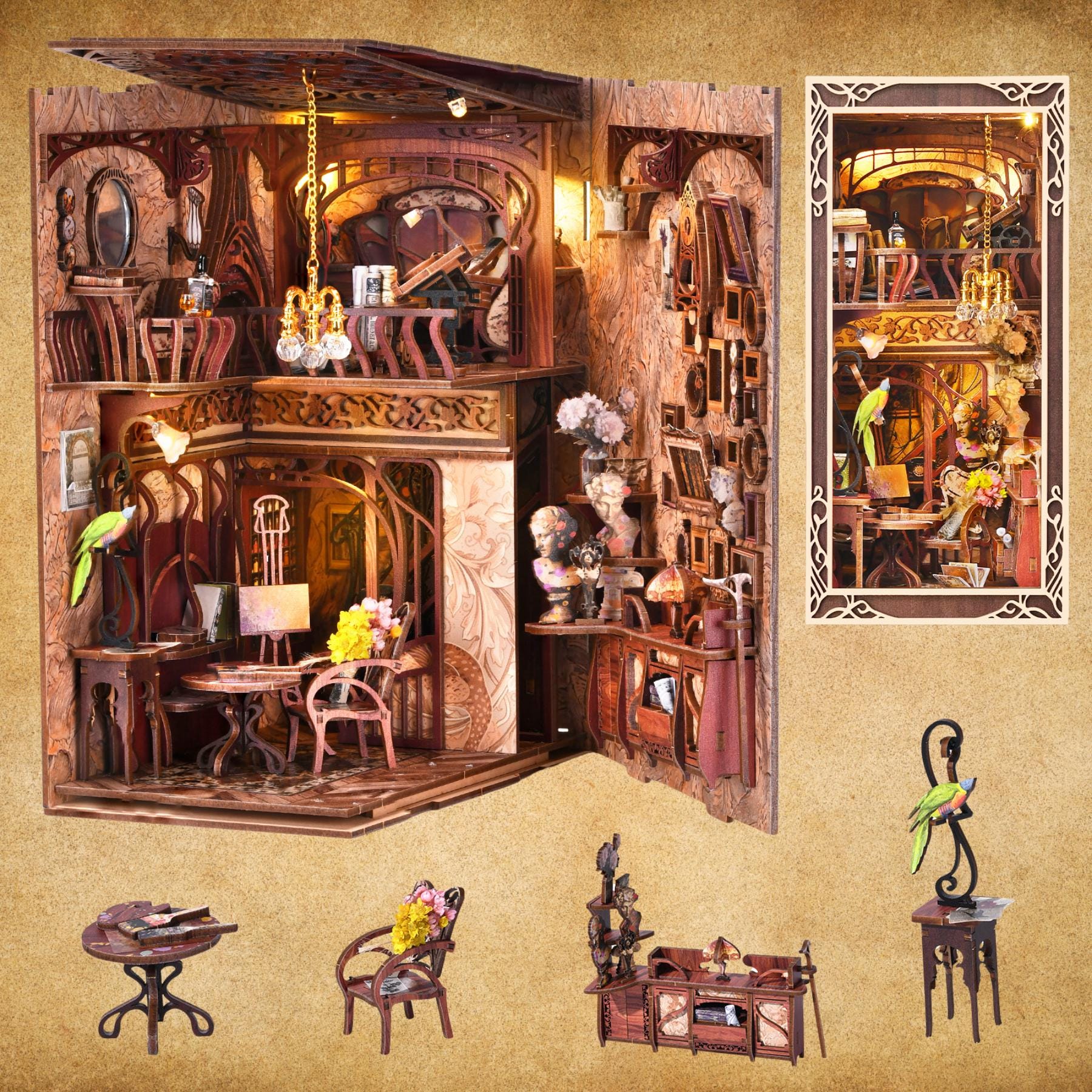 Art Nouveau Book Nook: 3D Wooden Puzzle Miniature Bookshelf Insert