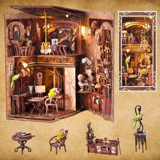 Art Nouveau Book Nook: 3D Wooden Puzzle Miniature Bookshelf Insert
