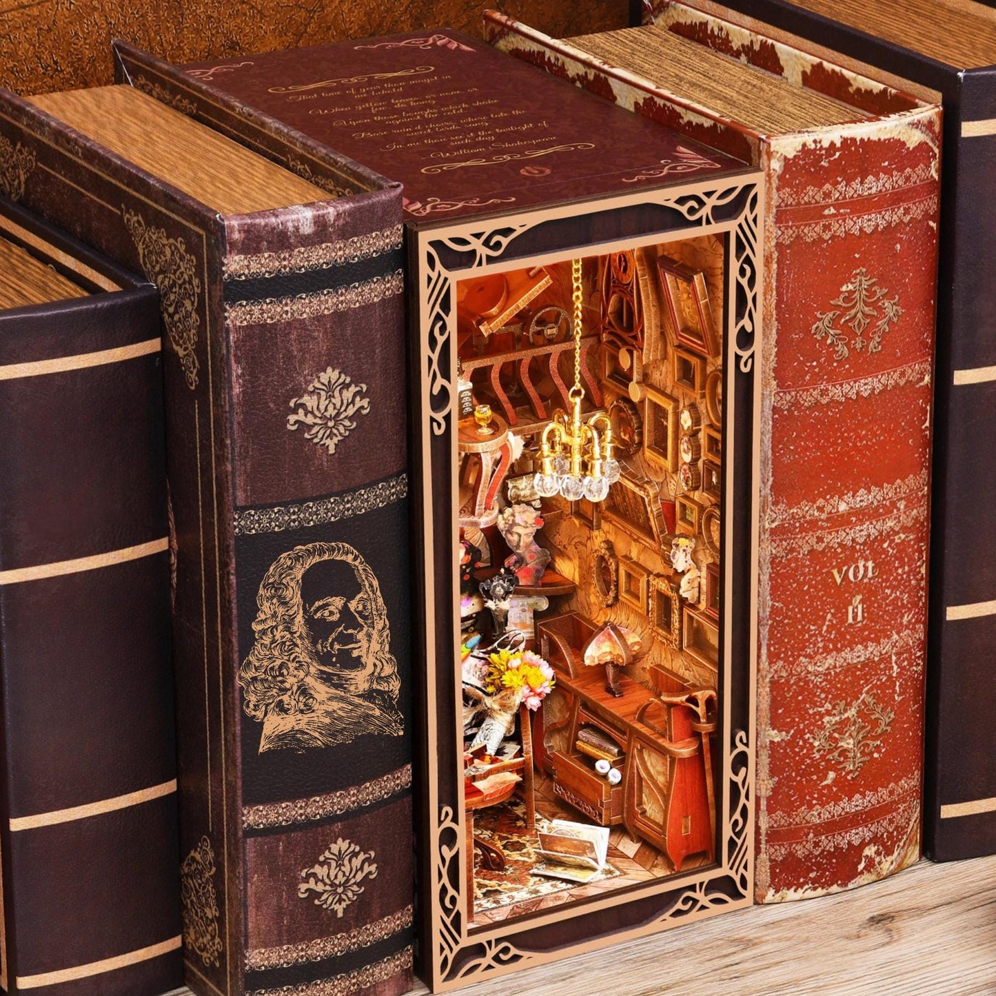 Art Nouveau Book Nook: 3D Wooden Puzzle Miniature Bookshelf Insert
