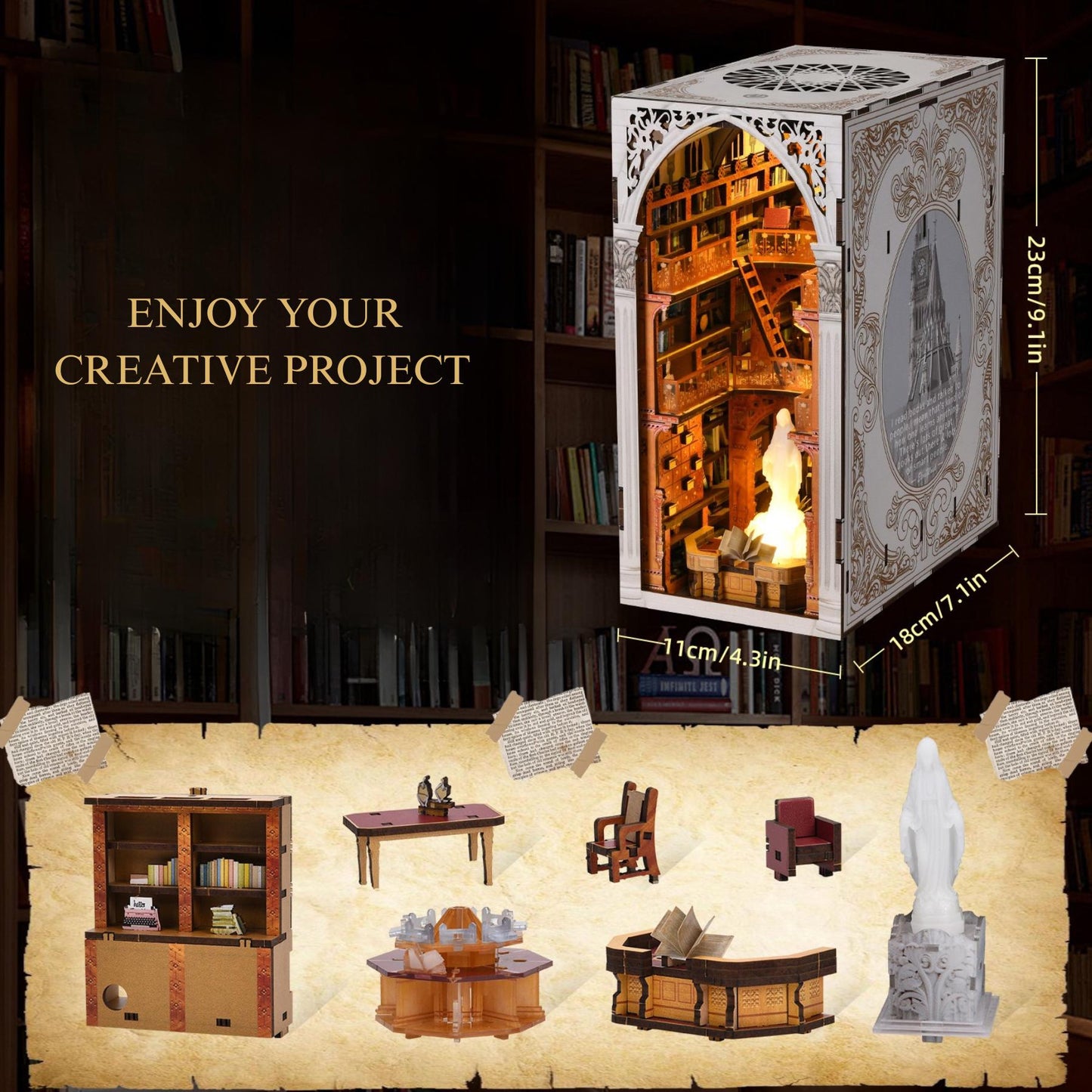DIY Library Book Nook Kit: 3D Wooden Puzzle Bookend with LED