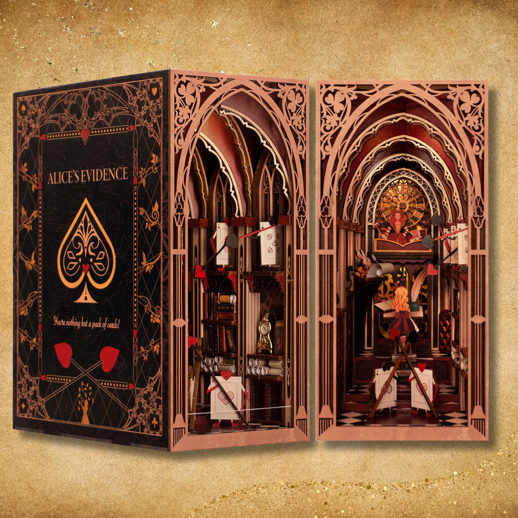 Alice’s Enchanted Trial Book Nook | Alice in Court Bookshelf Decoration | 3D DIY Wooden Puzzle Miniature | Perfect Bookend Gift