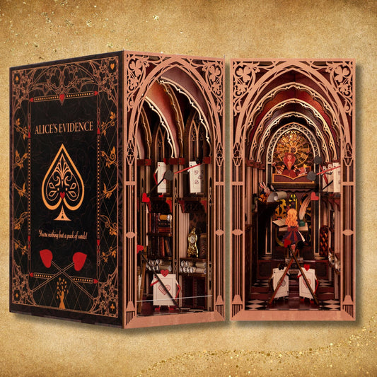 Alice’s Enchanted Trial Book Nook | Alice in Court Bookshelf Decoration | 3D DIY Wooden Puzzle Miniature | Perfect Bookend Gift