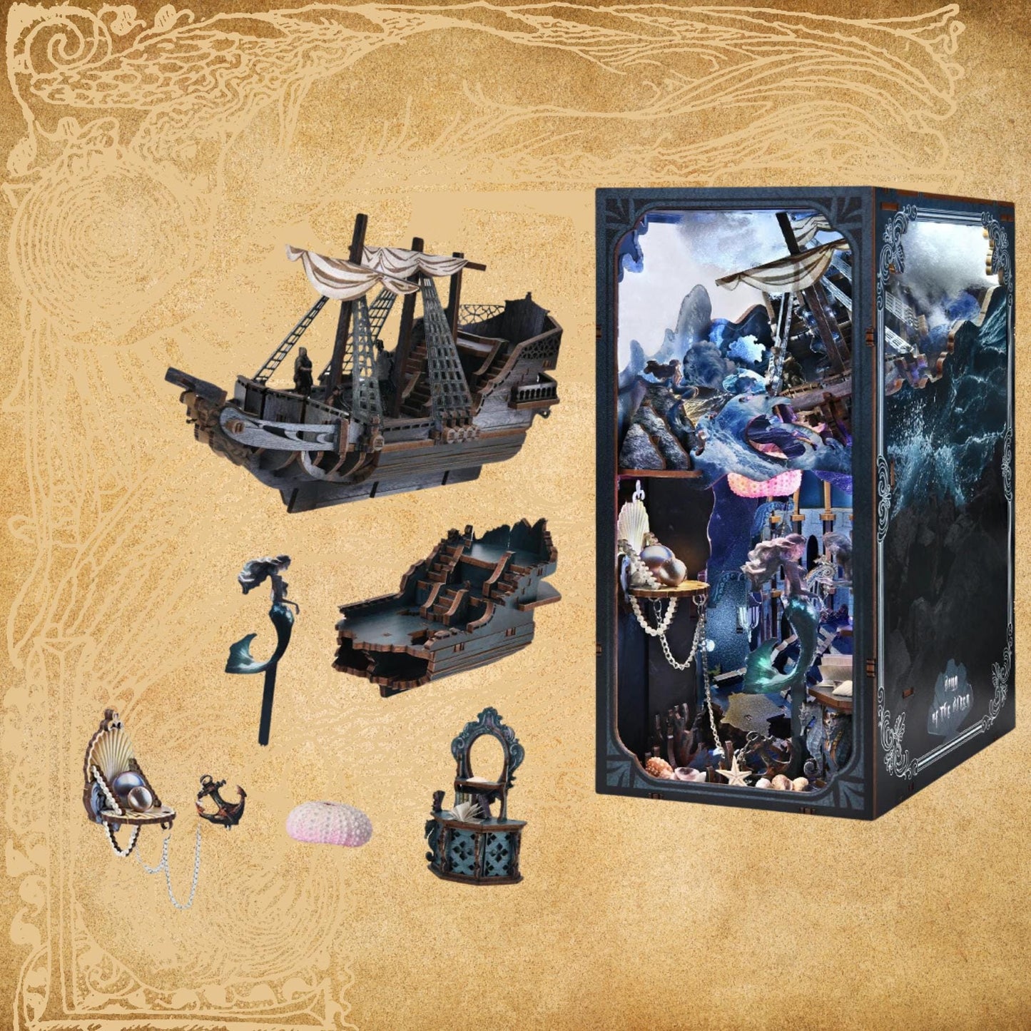 Whispers of the Siren Book Nook |The song of the sirens | 260 Pcs Miniature Bookshelf Decoration | 3D DIY Wooden Puzzle Miniature | Bookend