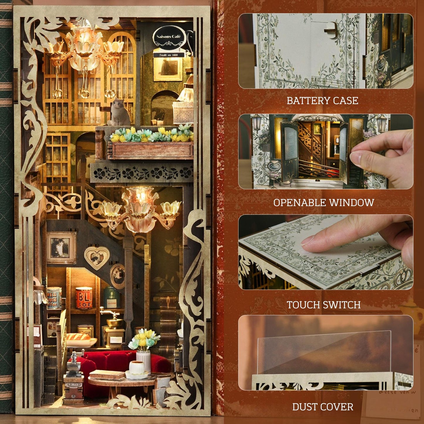 DIY Book Nook Kit: Vintage Cafe Bookshelf Insert, 3D Wooden Puzzle