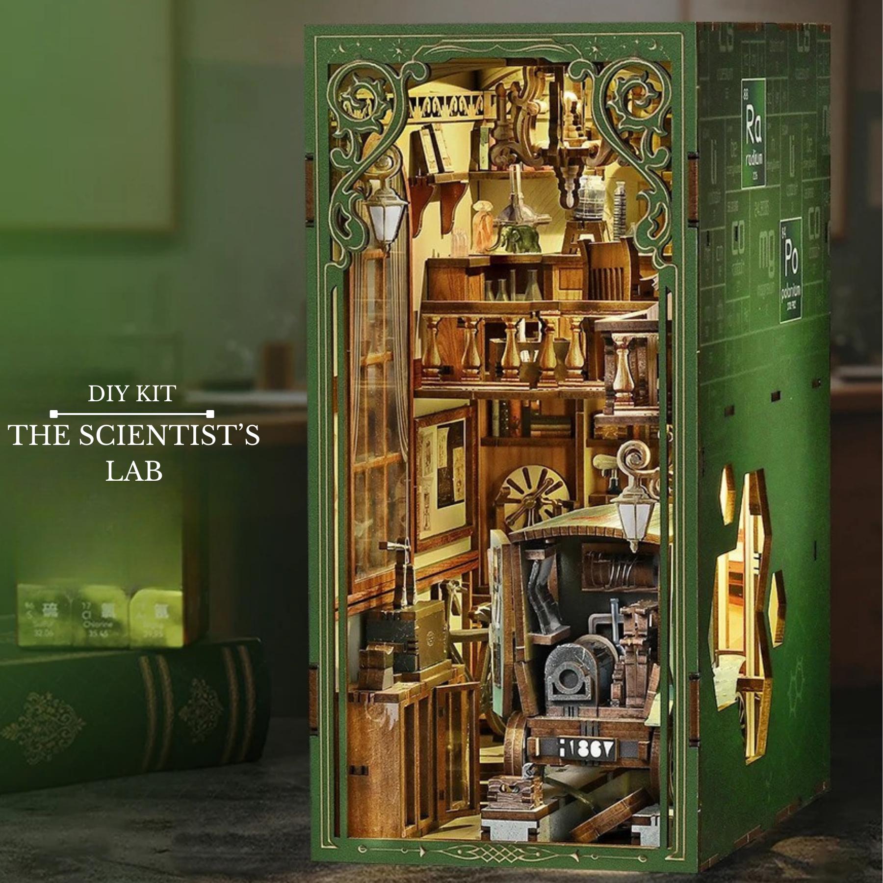 The Scientist’s Lab Book Nook | The Radium Lady Bookshelf Decoration | 3D DIY Wooden Puzzle Miniature | Perfect Bookend Gift