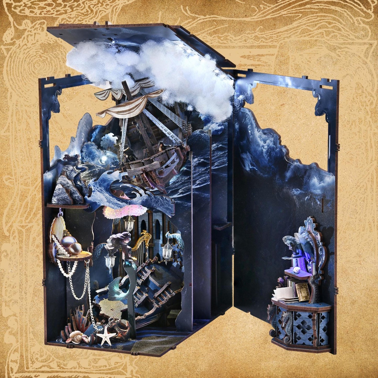 Whispers of the Siren Book Nook |The song of the sirens | 260 Pcs Miniature Bookshelf Decoration | 3D DIY Wooden Puzzle Miniature | Bookend