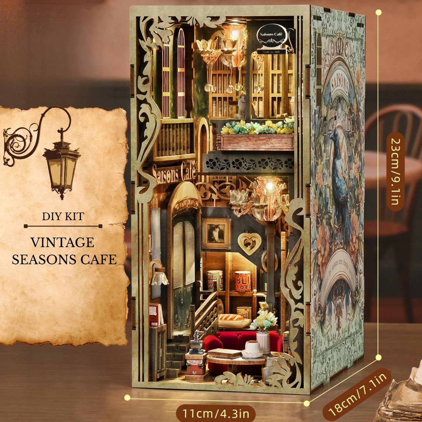 DIY Book Nook Kit: Vintage Cafe Bookshelf Insert, 3D Wooden Puzzle