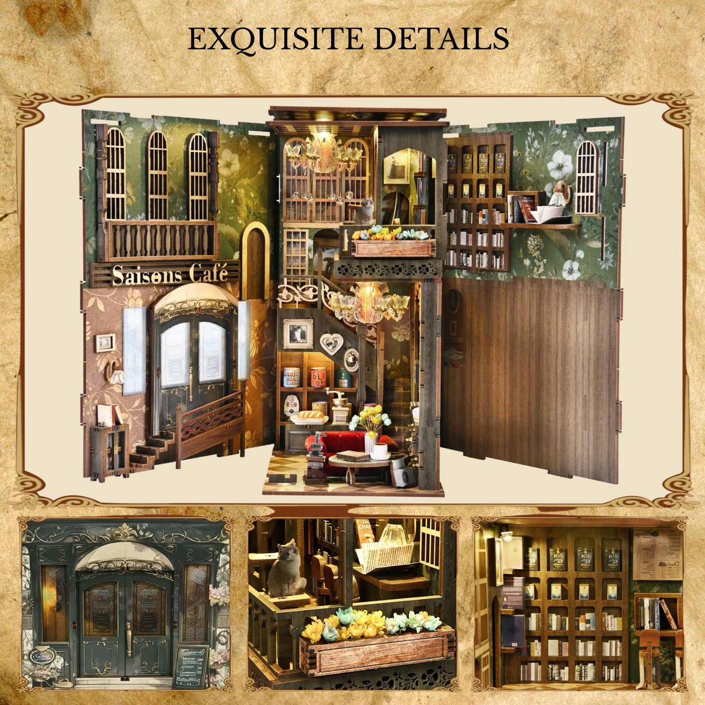 DIY Book Nook Kit: Vintage Cafe Bookshelf Insert, 3D Wooden Puzzle