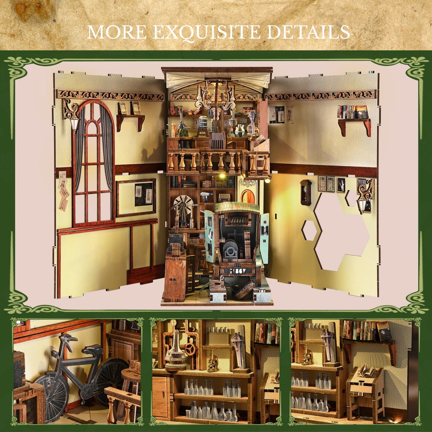 The Scientist’s Lab Book Nook | The Radium Lady Bookshelf Decoration | 3D DIY Wooden Puzzle Miniature | Perfect Bookend Gift