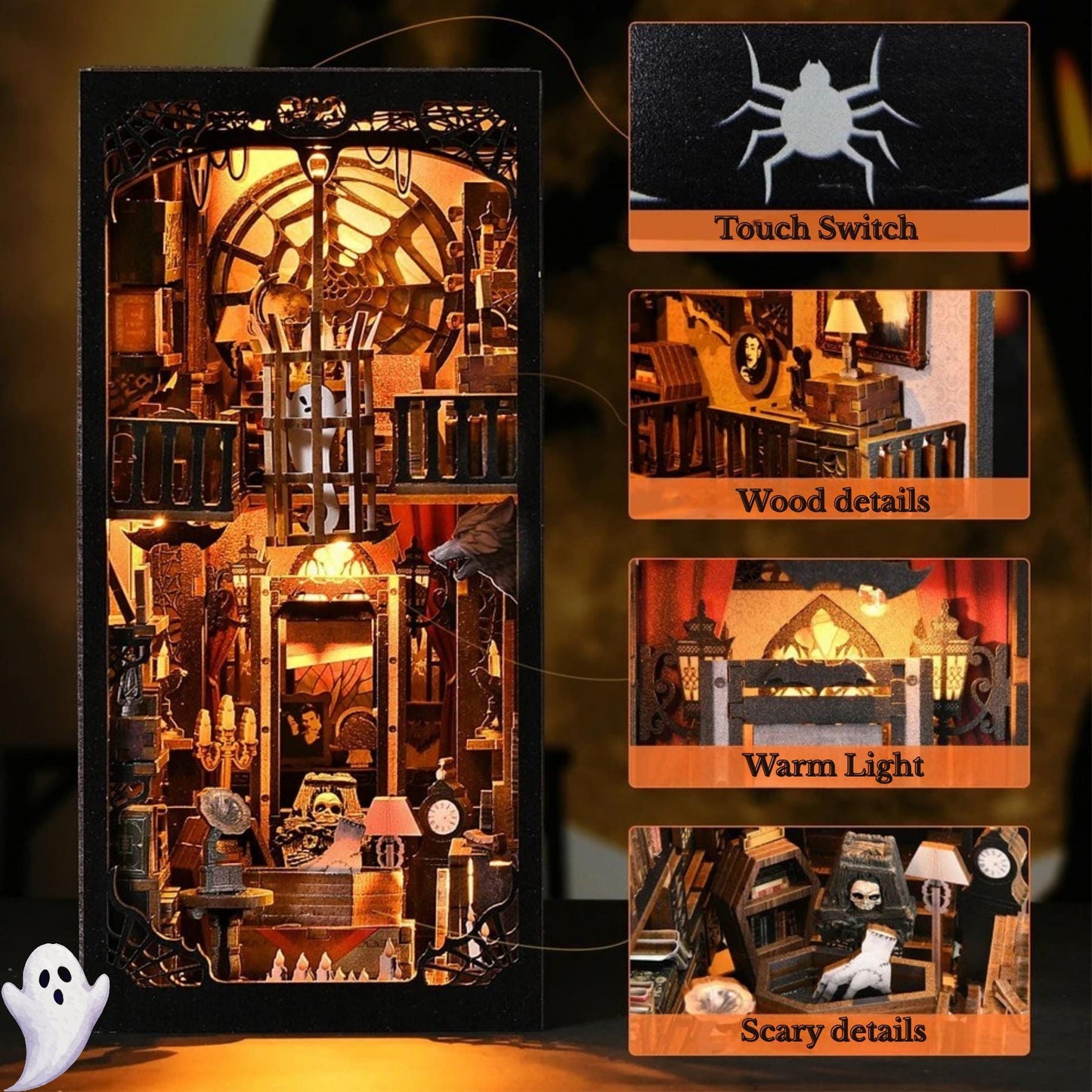 The Haunted House Book nook | 3D DIY Dark Family Book end | horror Halloween themed Bookshelf insert