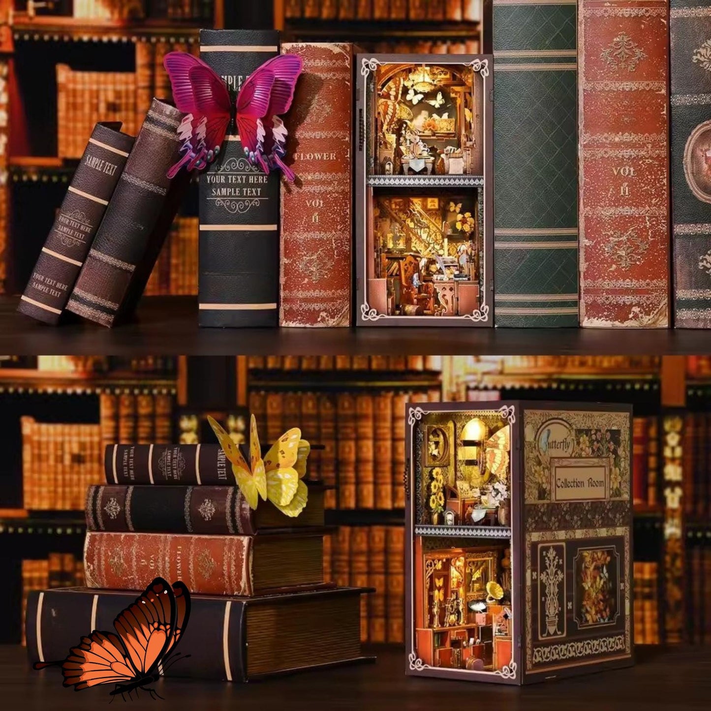 Butterfly Cabinet Book Nook | 3D DIY Butterfly Collection Room Bookend | Vintage-Style Butterflies Enthusiast Bookshelf Insert