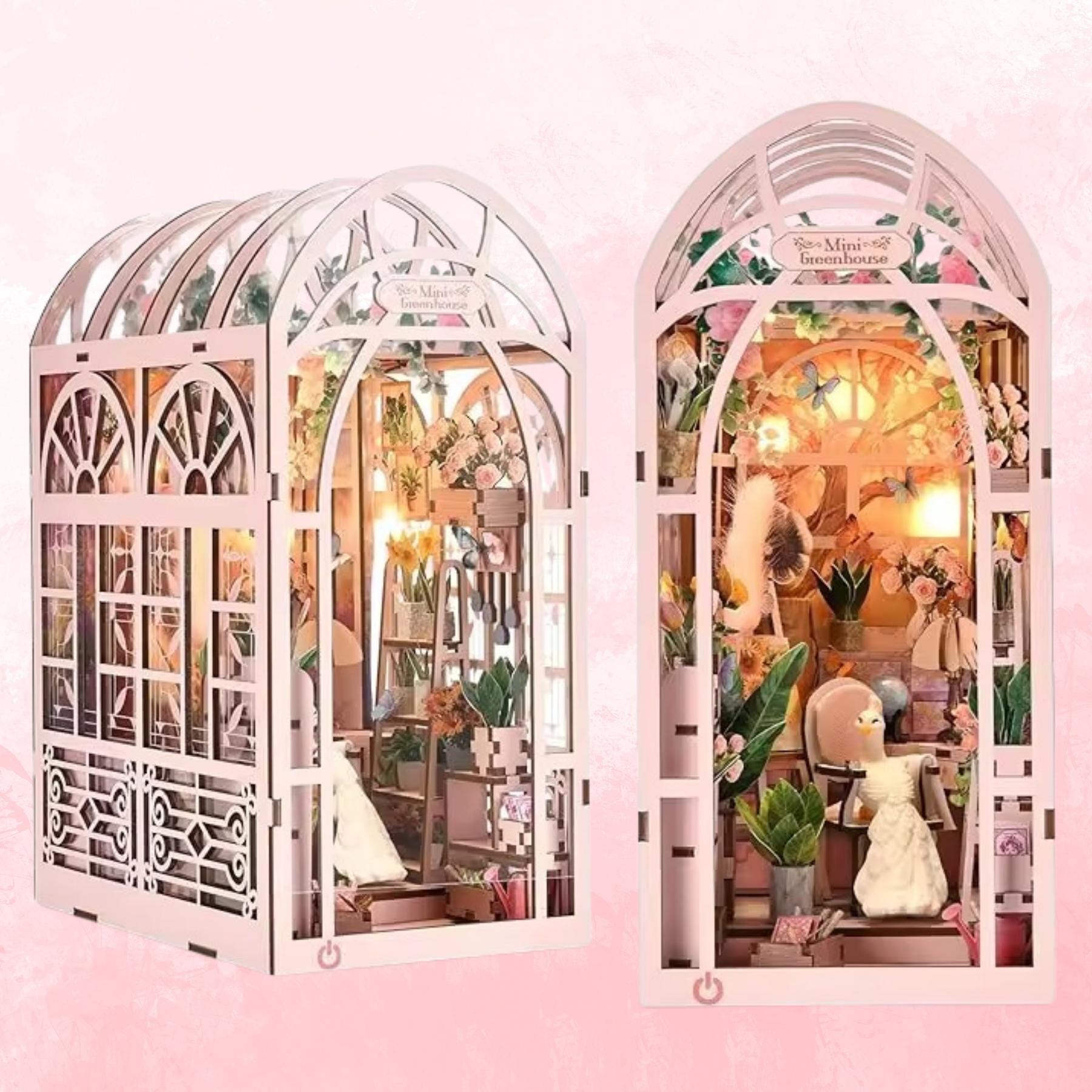 The Girly Green House Book Nook | 3D DIY Mini Green House Bookshelf Insert | Book ends