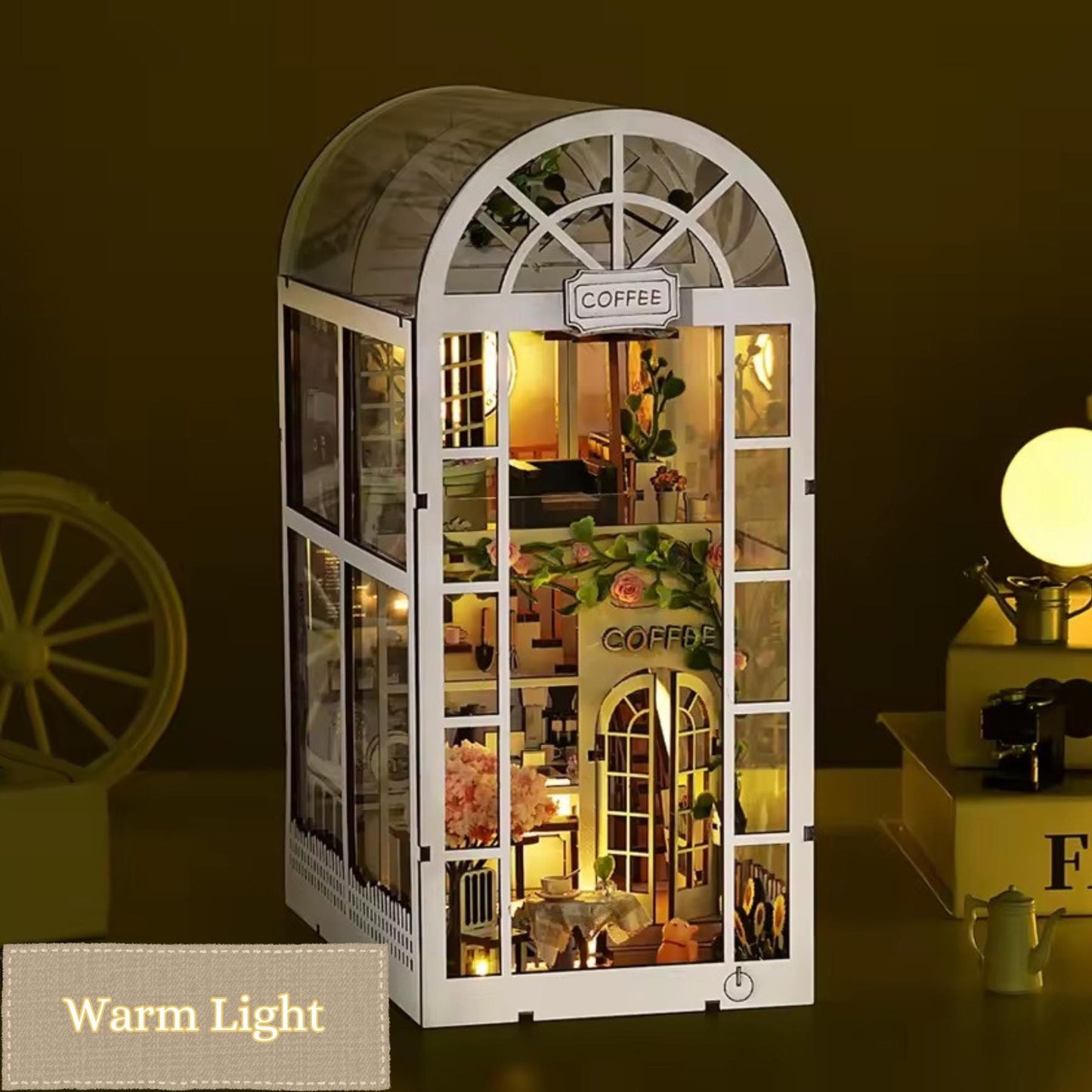 Brew & Bloom Hideaway Book Nook | 3D DIY Cozy Coffee Garden Bookshelf Insert | Book ends