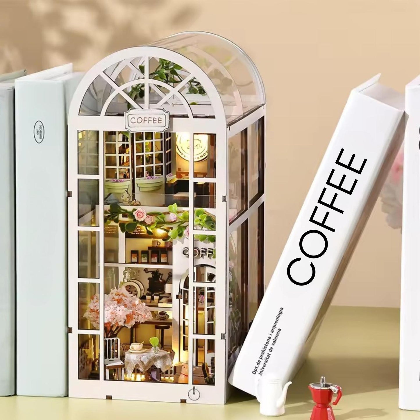 Brew & Bloom Hideaway Book Nook | 3D DIY Cozy Coffee Garden Bookshelf Insert | Book ends