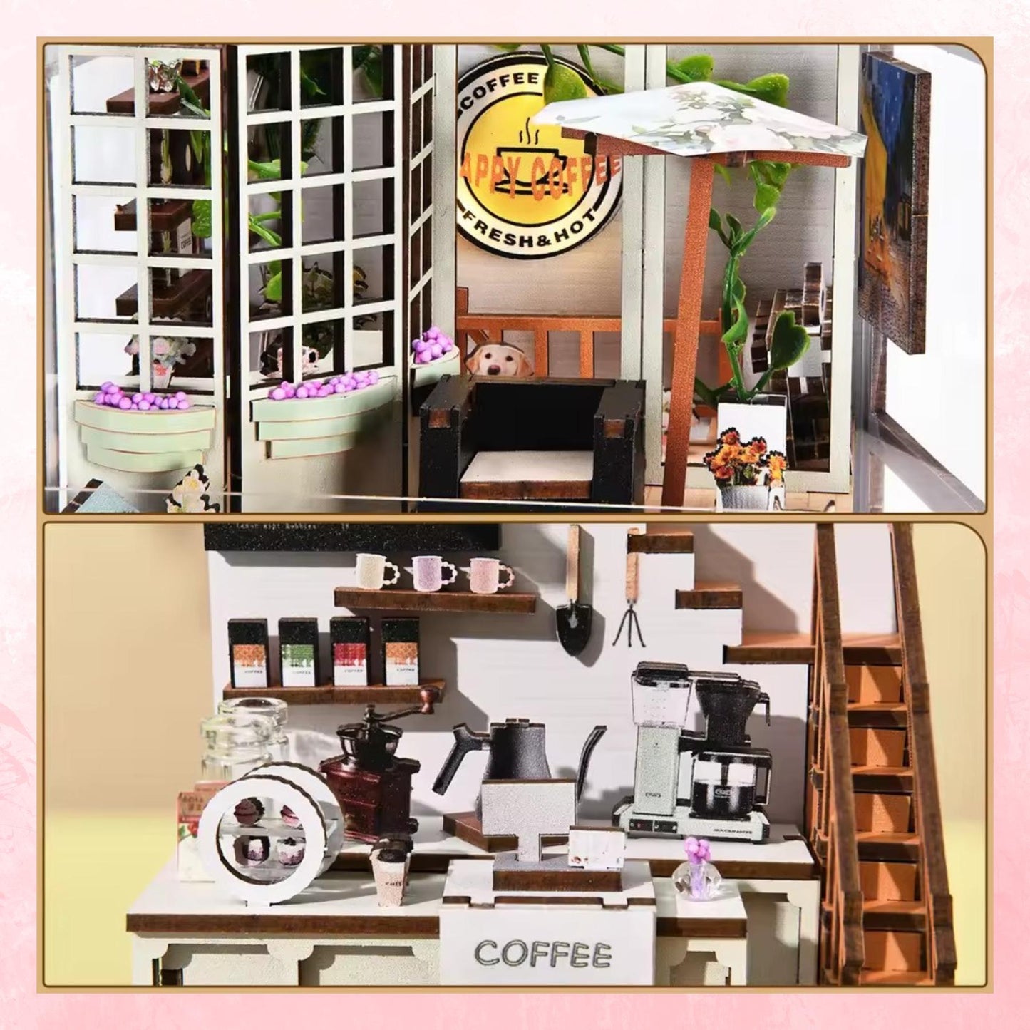 Brew & Bloom Hideaway Book Nook | 3D DIY Cozy Coffee Garden Bookshelf Insert | Book ends