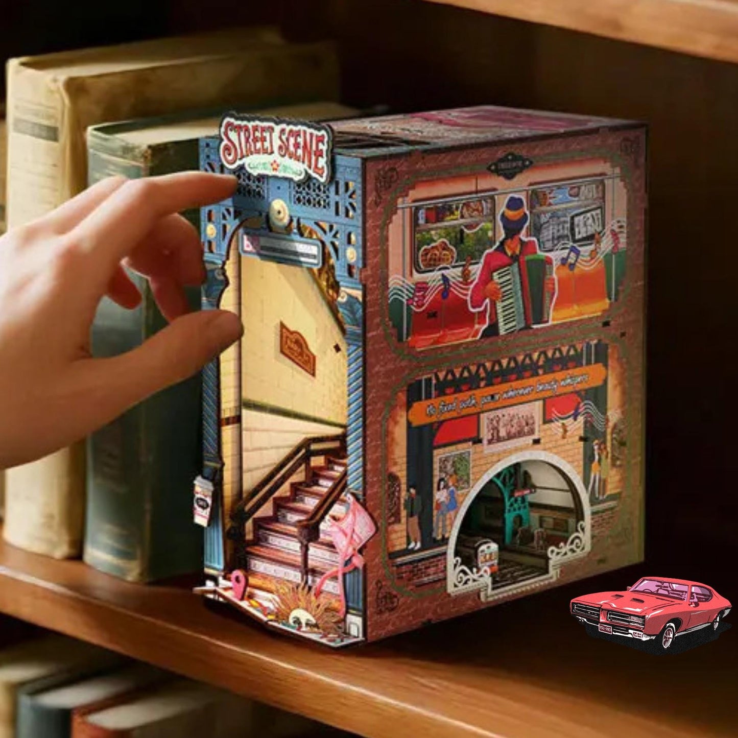 Night Street Stroll Book Nook | Street Scene Miniature Bookshelf Decoration | Book ends