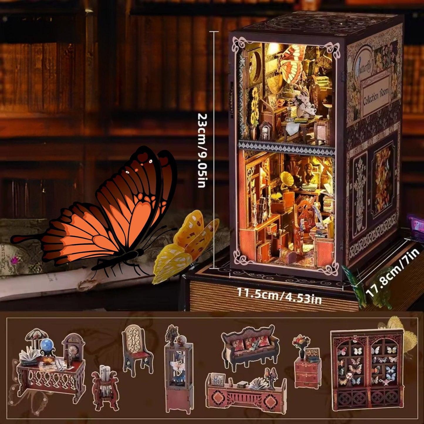 Butterfly Cabinet Book Nook | 3D DIY Butterfly Collection Room Bookend | Vintage-Style Butterflies Enthusiast Bookshelf Insert