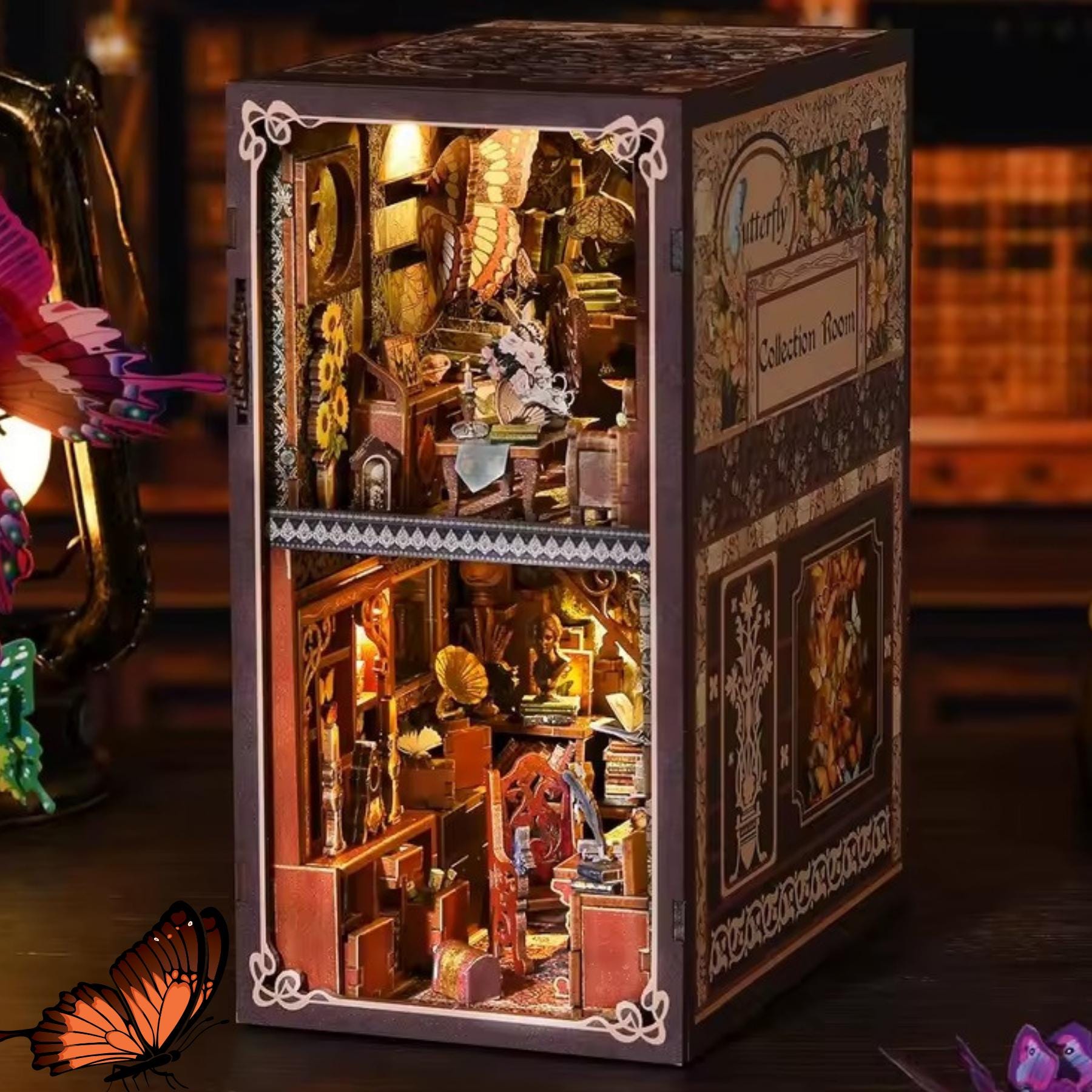 Butterfly Cabinet Book Nook | 3D DIY Butterfly Collection Room Bookend | Vintage-Style Butterflies Enthusiast Bookshelf Insert