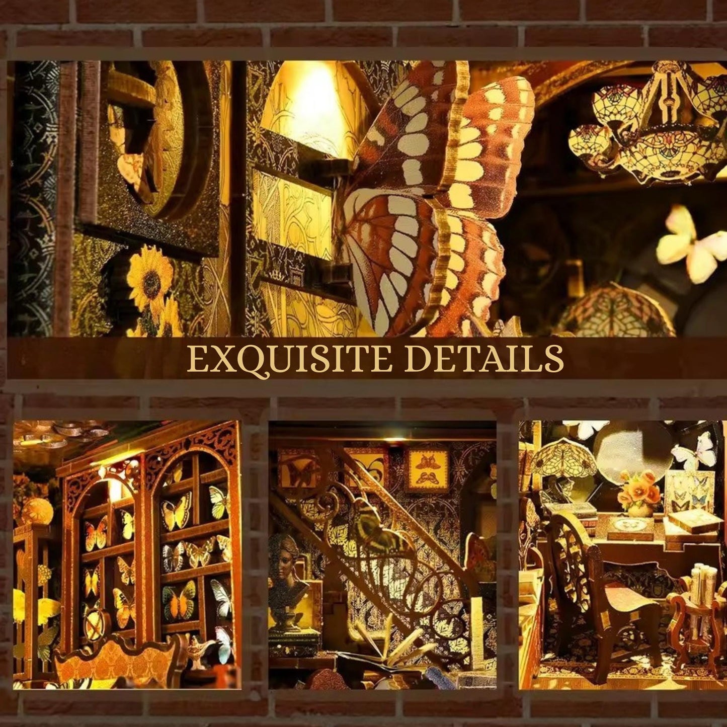 Butterfly Cabinet Book Nook | 3D DIY Butterfly Collection Room Bookend | Vintage-Style Butterflies Enthusiast Bookshelf Insert