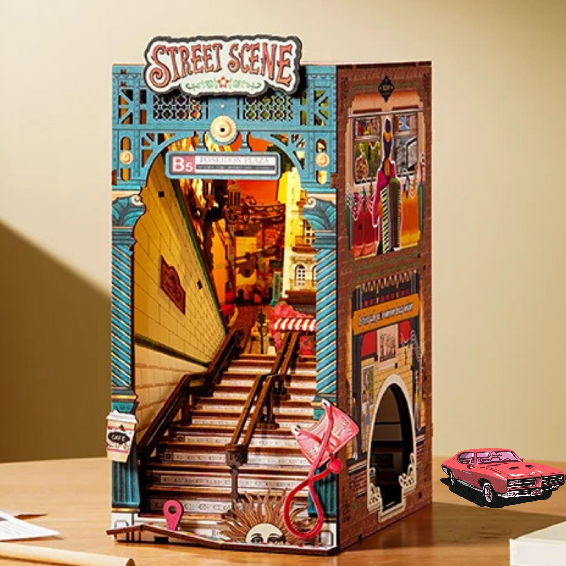 Night Street Stroll Book Nook | Street Scene Miniature Bookshelf Decoration | Book ends